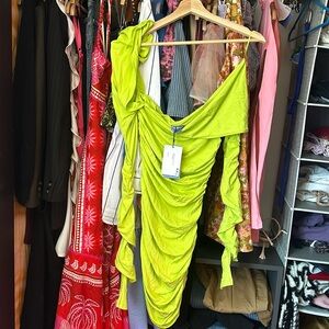 Mugler x H&M acid green gathered one-shoulder mini dress - S